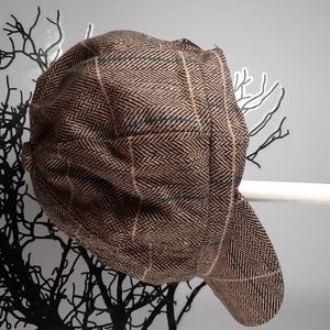 Brown Tan Plaid Paperboy Hat Outerwear Fun Cute Teal Stripe Button Top